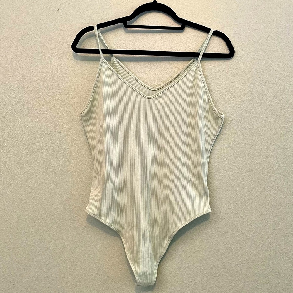 American eagle ribbed bodysuit, sage green, spaghetti strap, thong back, snaps